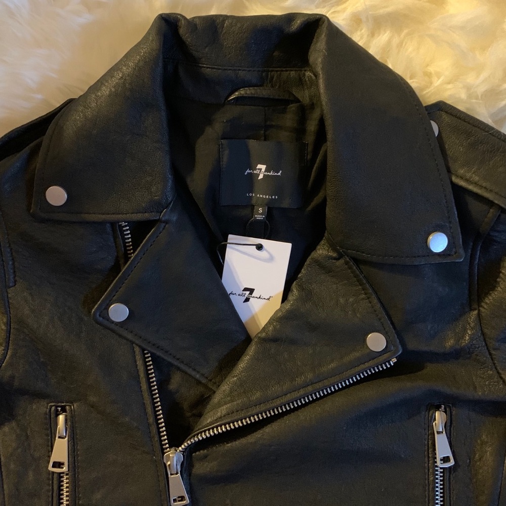 7 For All Mankind Black Leather Moto Jacket Size S - Picture 4 of 9